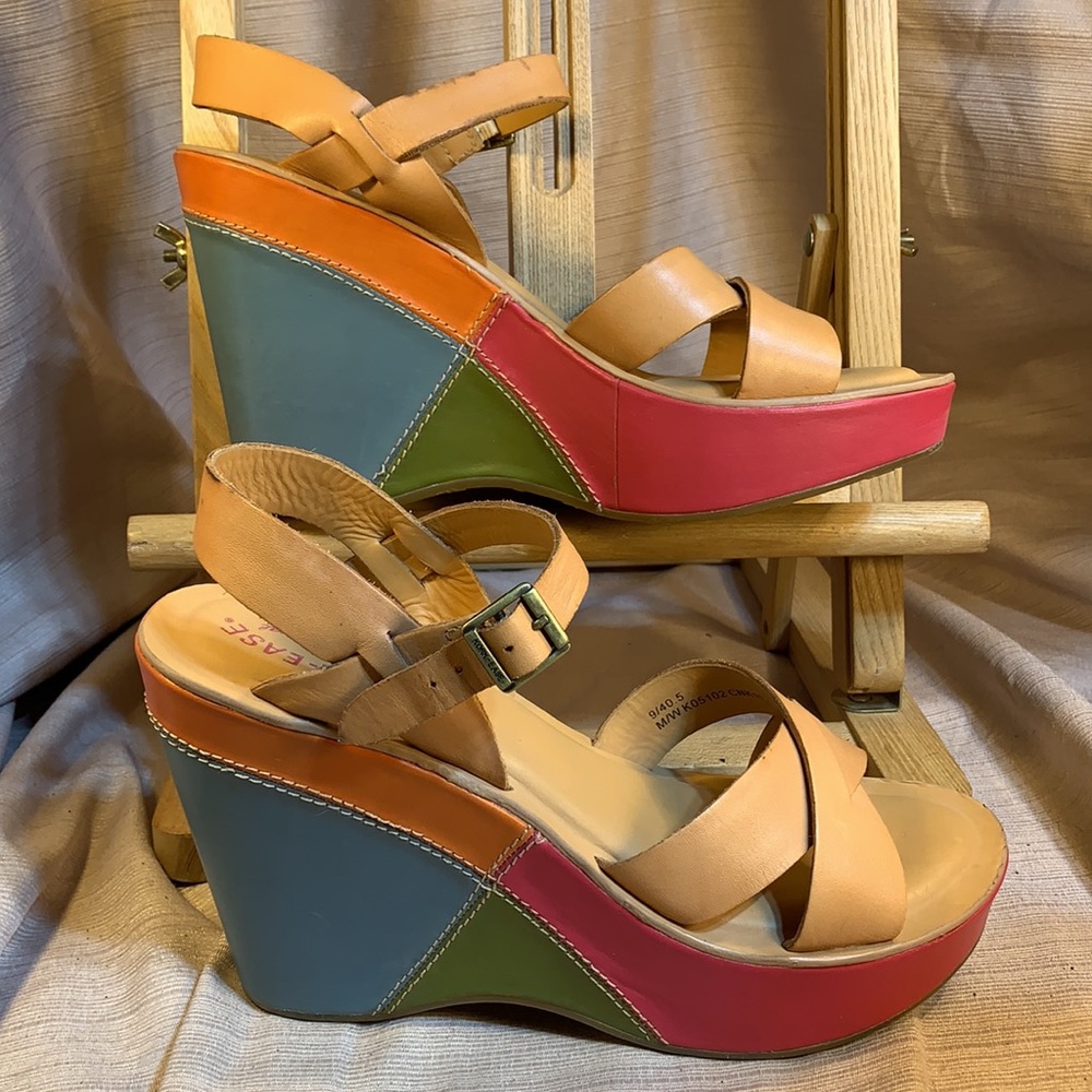 NWOT Kork-Ease leather color block wedges fun!